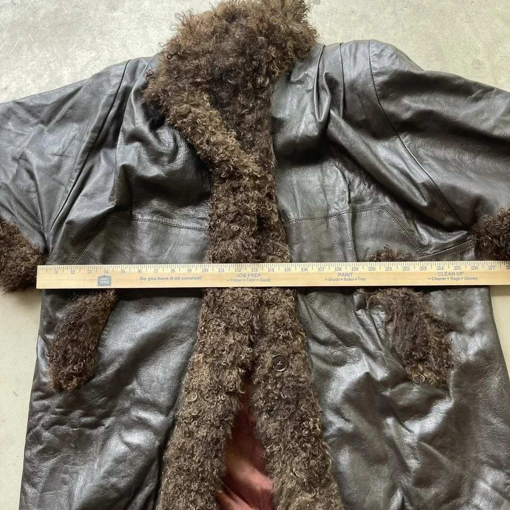 Vintage Tibetan Lamb Fur Trim Leather Coat Oversized Black Leather Size Large - Picture 6 of 8